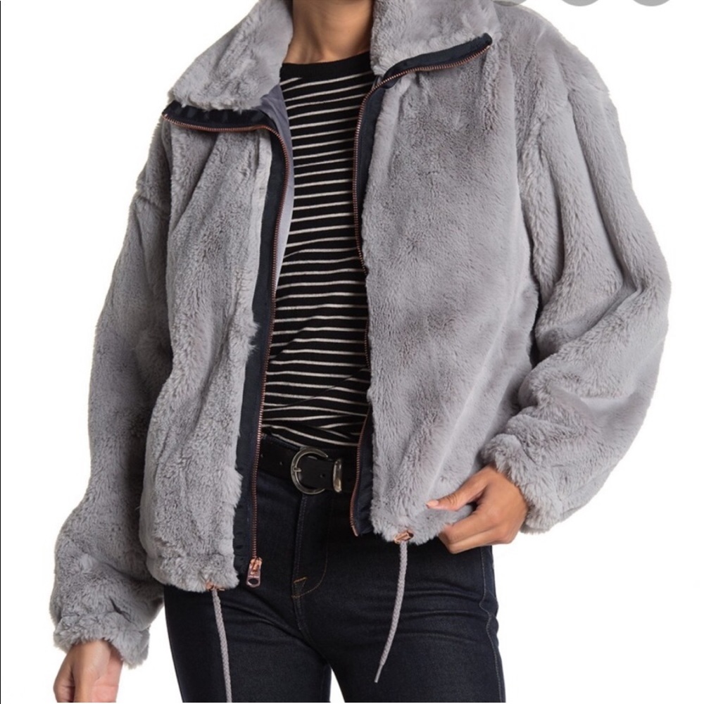 Lucky Brand Missy Faux Fur Gray Teddy Rose Gold Jacket